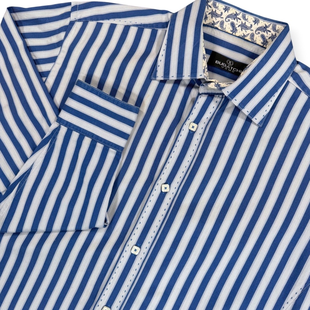 BUGATCHI Uomo Button Down Long Sleeve Shirt Men's L Blue White Striped